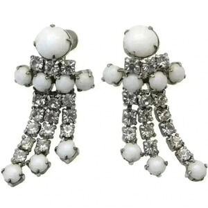 Vintage Earrings White Milk Glass & Clear Rhinestone Dangle Long Moonstone